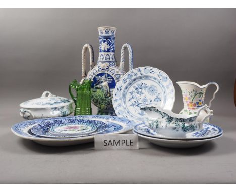 A pair of Wedgwood blue and white dishes, 10" dia, a German blue, white and iron oxide glazed moon flask with relief decorati
