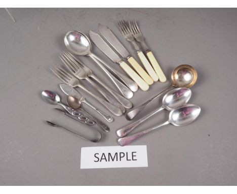 A quantity of loose silver plate cutlery, a silver ladle and a teaspoon 