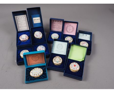 A collection of ten Halcyon Days enamel boxes, mostly "Valentines" 