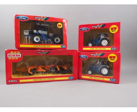 A Britains model "Simba Solo 330 Cultivator" 40996, three Ford Tractors, comprising a "FW-30 Tractor "42107 and two others 