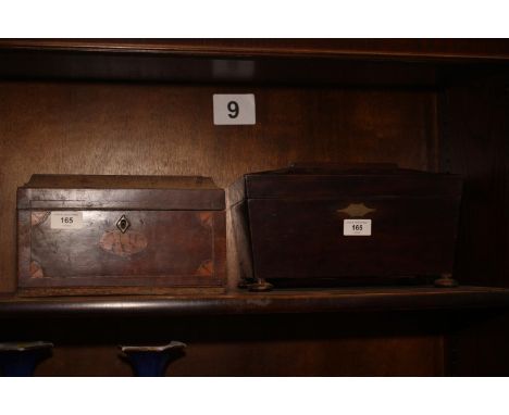 A mahogany sarcophagus converted tea caddy, on bun feet, 12" wide, and another tea caddy (for restoration) 