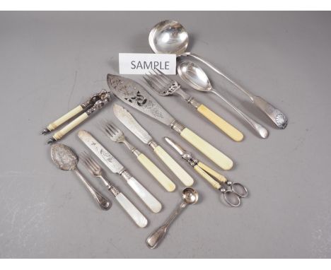 A silver plated punch ladle, a set of mother-of-pearl handled plated dessert knives and forks, and other plated flatware, in 