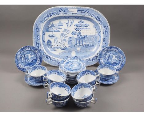 A set of ten Spode "Italian" pattern saucers and tea plates, and a blue and white meat plate 