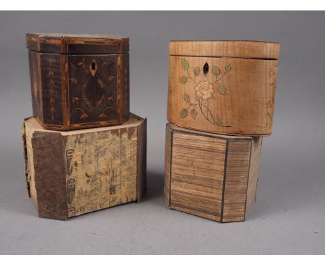 A satinwood and floral marquetry oval tea caddy, 4 3/8" high, a similar octagonal tea caddy and two other octagonal shaped bo