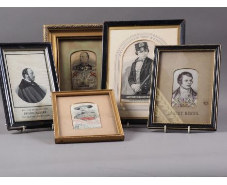 A framed Stevengraph of Baden Powell, another similar of Lord Charles Beresford, another of Robert Burns and two others, Engl
