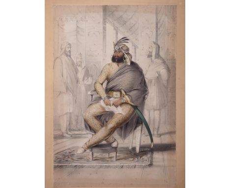 Emily Eden (1797-1869): Anglo Indian Lithograph of the Sikh Maharaja Sher Singh, seated dressed in yellow garb, appears to be