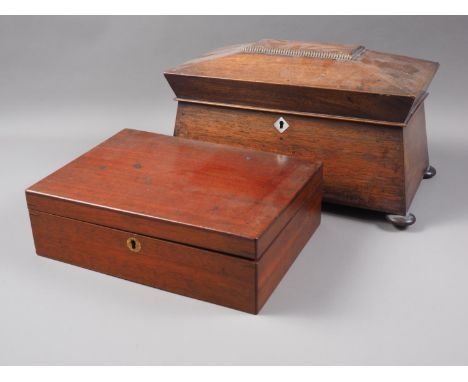 A rosewood sarcophagus two-division tea caddy and a mahogany rectangular box 