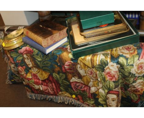 A BRASS STORAGE BOX, TOGETHER WITH A HANGING WALL TAPESTRY, TWO BOOKS, ETC 