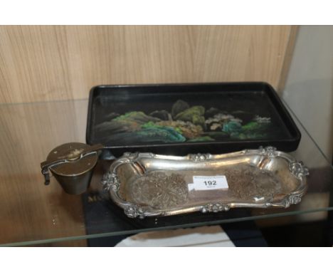 A NEST OF BRASS WEIGHTS, a Sheffield plate pen tray and an Oriental tray