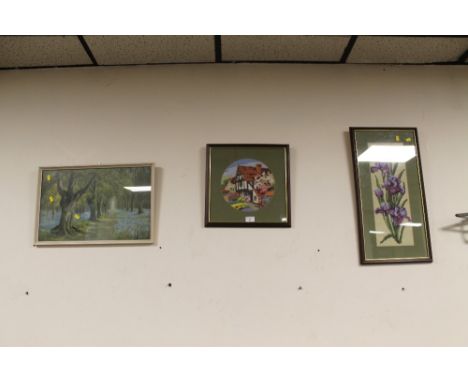 A FRAMED AND GLAZED TAPESTRY TOGETHER WITH A CROSS STITCH AND A PRINT