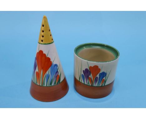 A Clarice Cliff for Newport pottery Bizarre 'Crocus' pattern sugar sifter, 14cm and a preserve pot (no lid)