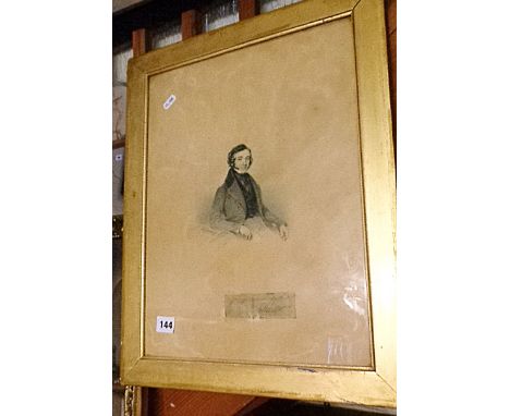 19th c. ink portrait of Joseph Steward Woodin together with a coloured print in gilt frame