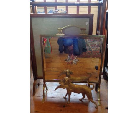 Inlaid mahogany towel rail, brass and glass firescreen, tapestry firescreen and a brass hunting dog with pheasant