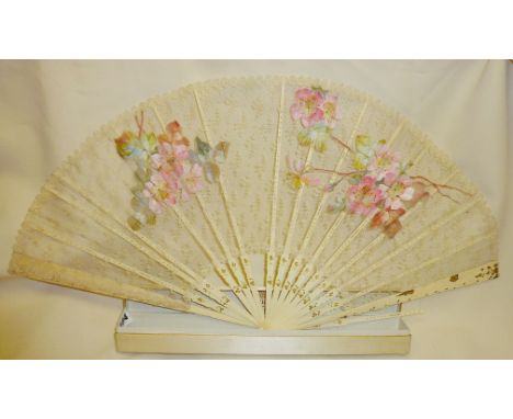 Large ivory and lace fan with handpainted floral design and original case. Late 19th/early 20th c. Retailed by Nathalie of Sl