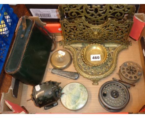 Townshend &amp; Co. Arts &amp; Crafts pierced brass desk/letter stand with ornate figural design and aperture for inkwell. To