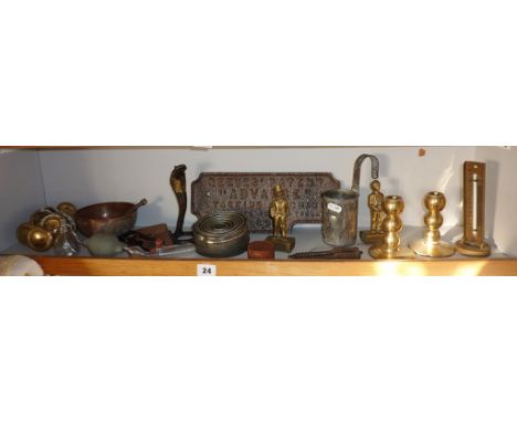 Shelf of assorted items of metalware, inc. old iron agricultural machine name plate "Reeves Patent Advance Stacking Machine",