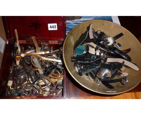 Large collection of vintage wrist watches in a lacquered box and brass bowl, maker's inc. Casio, Lorus, Avia, Accurist, Rotar