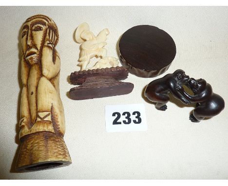 Finely carved wooden kissing monkey netsuke (signed to base) naturalistic carved wooden stand, and a Tribal Art carved antler
