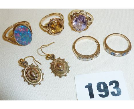Five various 9ct gold rings set with various stones, inc. a large opal, and a pair of antique 9ct gold earrings