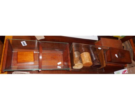 Assorted treen boxes, Art Deco wood and glass book trough and bread tray, etc.