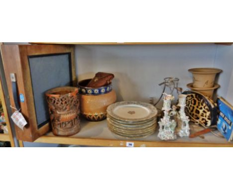 Shelf of assorted items, inc. Doulton Stoneware jardiniere, Chinese carved bamboo brush pot (A/F), 8 Pillivuyt Medailles D'or