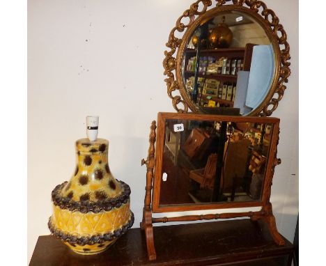 Oak framed rectangular cheval toilet mirror, a Bitossi ceramic table lamp base and a gilt framed round wall mirror