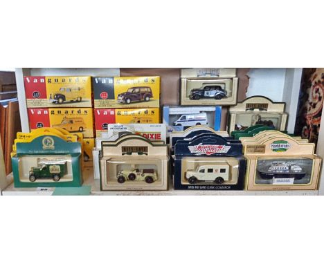 Shelf of 30 Lledo Vanguard and "Days Gone By" diecast vehicles boxed