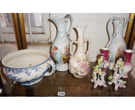 Shelf of assorted porcelain and china, inc. figurines, vases and a chamber pot