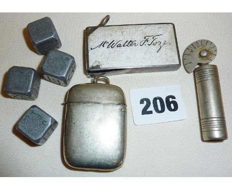 Hallmarked silver enamelled vesta, pitch pipe tuning whistle, another vesta and some pewter dice
