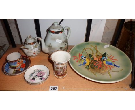 Poole Pottery dish with blue tits, an 18th c. Derby spill vase (A/F), and other pots