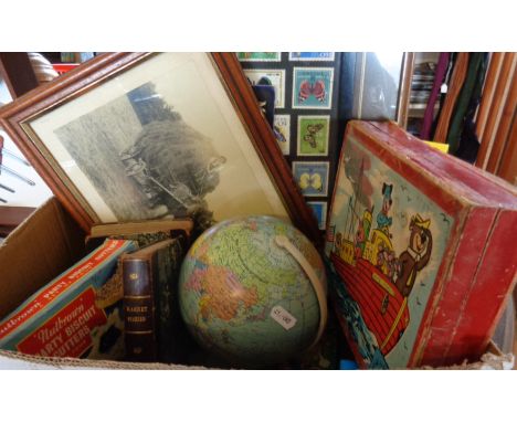 Yogi Bear puzzle blocks, Nutbrown Party biscuit cutters, child's tin globe, framed stamps, etc.