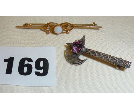 9ct gold bar brooch set with an opal, and a silver Celtic axe brooch