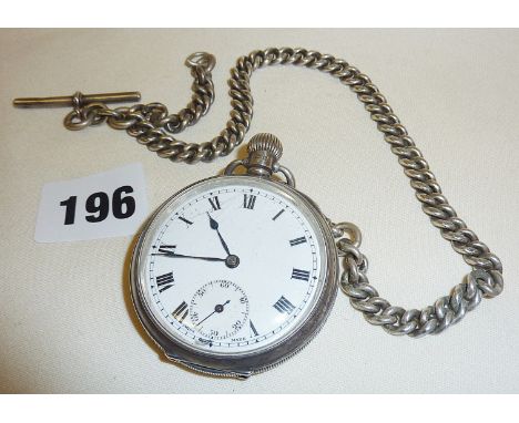 Silver pocket watch by A.L. Davenport, hallmarked for Birmingham 1929. With silver fob chain and bar