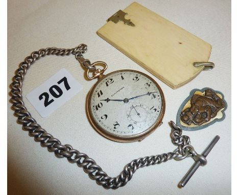 Rolled gold pocket watch by Elkington, with hallmarked silver fob chain, together with an early 20th c. ivory dance card or n