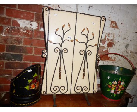 1950s wrought iron and wood firescreen and a bargeware bucket and a similar coal hod