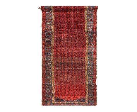 Malayir RunnerWest Iran, Circa 1930The raspberry field of boteh framed by spandrels and floral pale indigo borders, flanked b