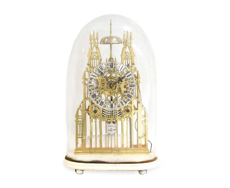 A Good Brass York Minster Form Skeleton Striking Mantel Clock with Half Hour Passing Strike, by Evans of Handsworth, retailed