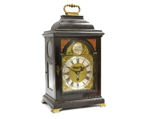 An Ebonised Pull Quarter Repeat Table Timepiece, signed Jno Pyke, London, circa 1760, inverted bell top pediment with carryin