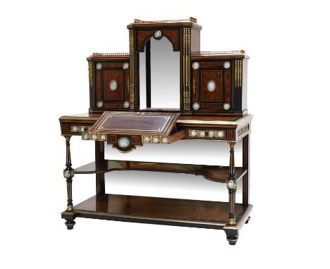 An English Thuya, Ebonised, Tulipwood Banded and Gilt Metal Mounted Bonheur du Jour, late 19th century, the superstructure wi