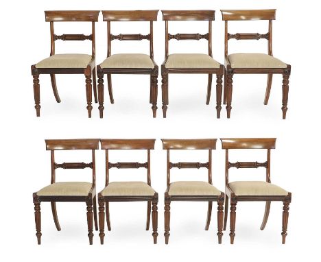 A Set of Eight Carved Mahogany Dining Chairs in the Manner of Gillows, circa 1820/30, recovered in beige velvet, with scrolle