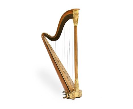 Sebastian Erard: A Simulated Bird's Eye Maple, Penwork and Gilt Composition Pedal Harp, early 19th century, with brass plaque