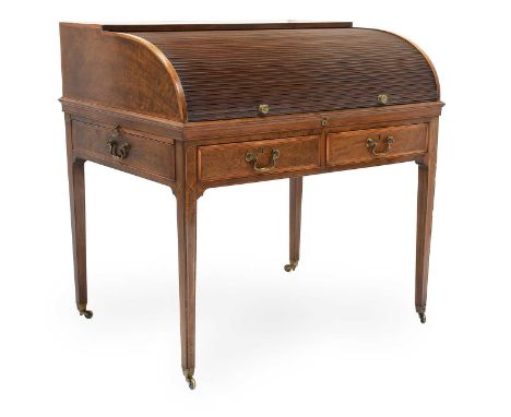 A George III Mahogany, Satinwood Banded, Boxwood and Ebony Strung Writing Desk, stamped Edwards &amp; Roberts, early 19th cen