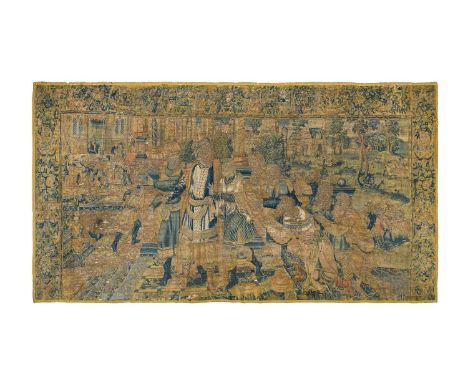 17th Century Flemish Tapestry Woven in silks and wools, the field depicting a king attended by his advisors and subjects payi
