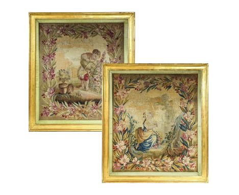 A Pair of Tapestry Panels, probably Beauvais, 18th century, worked in coloured threads with a young girl kneeling before a st