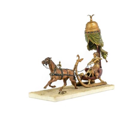 Franz Xavier Bergmann (Austrian, 1861-1936): A Cold Painted Bronze Figural Lamp, as a lady in a horse-drawn sleigh, on a whit