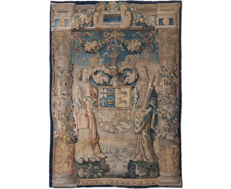 17th Century Brussels TapestryWoven in wools and silk, the field with heraldic shield and crest flanked by two ladies in peri