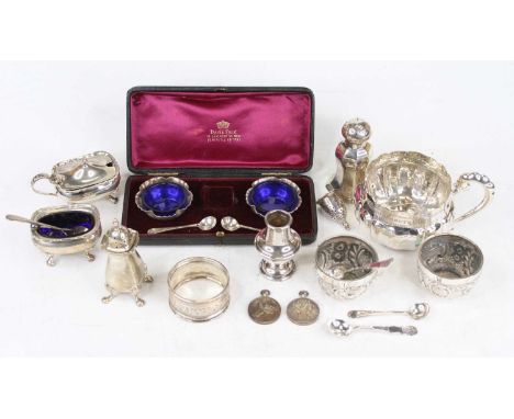 Assorted silver and white metal wares, to include various cruets, Danish silver wine cup, napkin ring, cased pair of miniatur