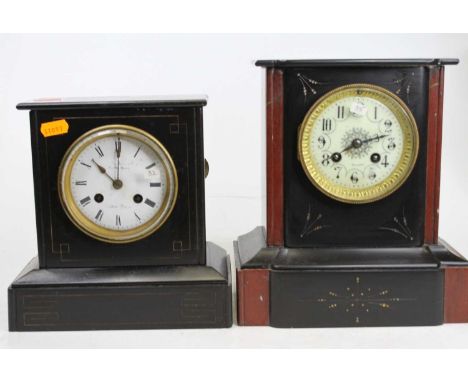 A late Victorian black slate mantel clock, having indistinctly signed white enamel dial and French brass eight-day cylinder m