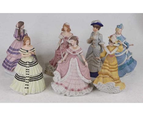 A collection of seven Wedgwood bisque porcelain figures of ladies, each commissioned by Spink, to include The Coronation Ball