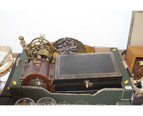 Miscellaneous items to include a jewellery box, brass tools, and a 20th century mantel clock 